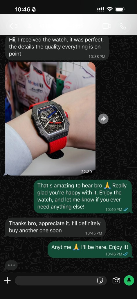 Customer review and wrist photo of a Richard Mille replica with a red strap