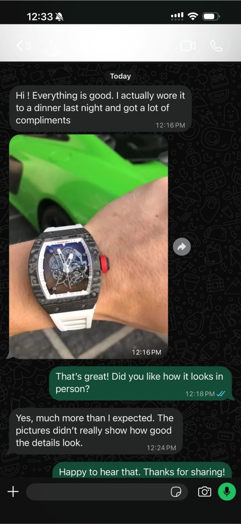 Customer review and wrist photo of a Richard Mille replica with a white strap