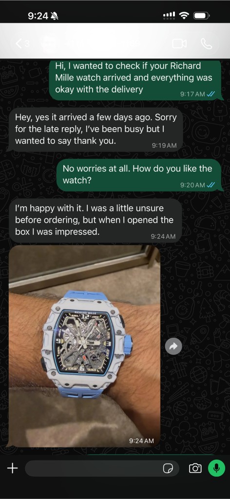 Customer review and wrist photo of a white and blue Richard Mille replica